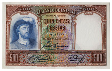 1931. 500 pesetas. (Ed. 361) (Pick 84). 25 de abril, Elcano. Numeración 0.085.688. Doblez central. Lavado y planchado. EBC+.
