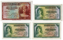 1935. 5 (tres) y 10 pesetas. (Ed. 363, 363a, 363b y 364) (Pick 85a y 86a). 4 billetes, sin serie (dos, 5 y 10 pesetas) y series: C y G. Todos ellos co...