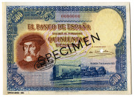 1935. 500 pesetas. (Ed. 365Ma) (Pick 89s). 7 de enero, Hernán Cortés. Billete de muestra con sello negro "SPECIMEN-DE LA RUE & CO LTD - CANCELLED", 7 ...