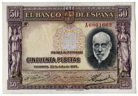 1935. 50 pesetas. (Ed. 366a) (Pick 88b). 22 de julio, Ramón y Cajal. Serie A. Doblez central. Lavado y planchado. Escaso. EBC.