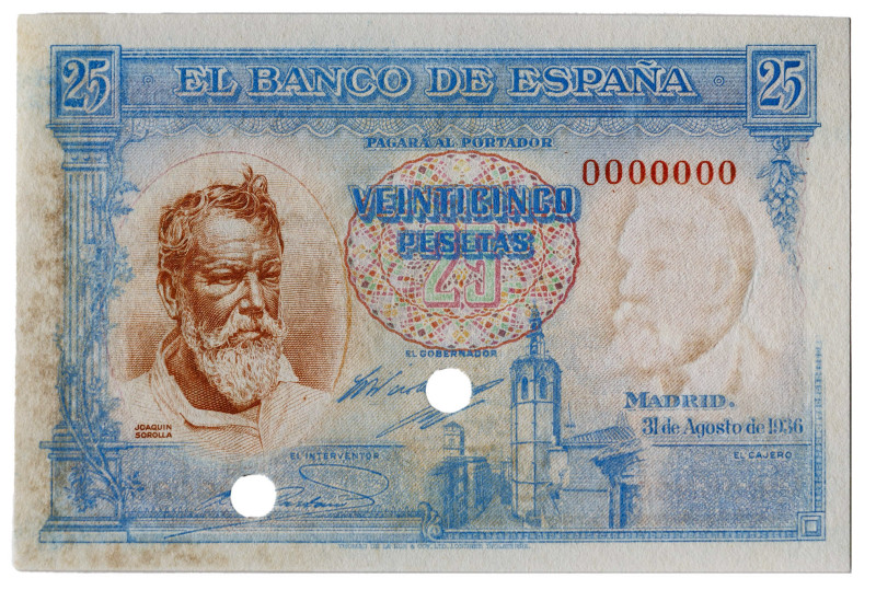 1936. 25 pesetas. (Ed. falta). 31 de agosto, Sorolla. Billete de muestra con num...