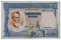 1936. 25 pesetas. (Ed. 367) (Pick 87a). 31 de agosto, Sorolla. Sin serie. Según publica el Banco de España, esta serie circuló muy poco tiempo, pues s...