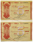 1936. Bilbao. 5 pesetas. (Ed. 368a) (Pick S551ag). 30 de agosto. Pareja correlativa, serie A. Antefirma del Banco Vizcaya. Leve doblez central plancha...