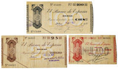 1936. Bilbao. 5, 25 y 100 pesetas. (Ed. 368a var, 369a y 371a) (Pick 551ag, S552g y 554i). Fecha estampillada. Antefirmas del Banco de Vizcaya y la Ca...