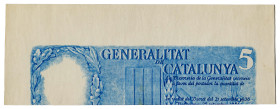 1936. Generalitat de Catalunya. 5 pesetas. Prueba de anverso y reverso en azul. Impresión desplazada hacia abajo. Rara. S/C-.