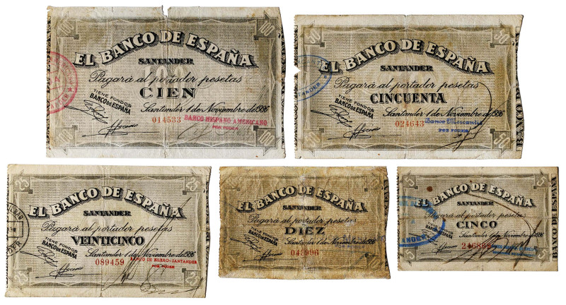 1936. Santander. 5, 10, 25, 50 y 100 pesetas. (Ed. 375b, 376f, 377a, 378f y 379c...