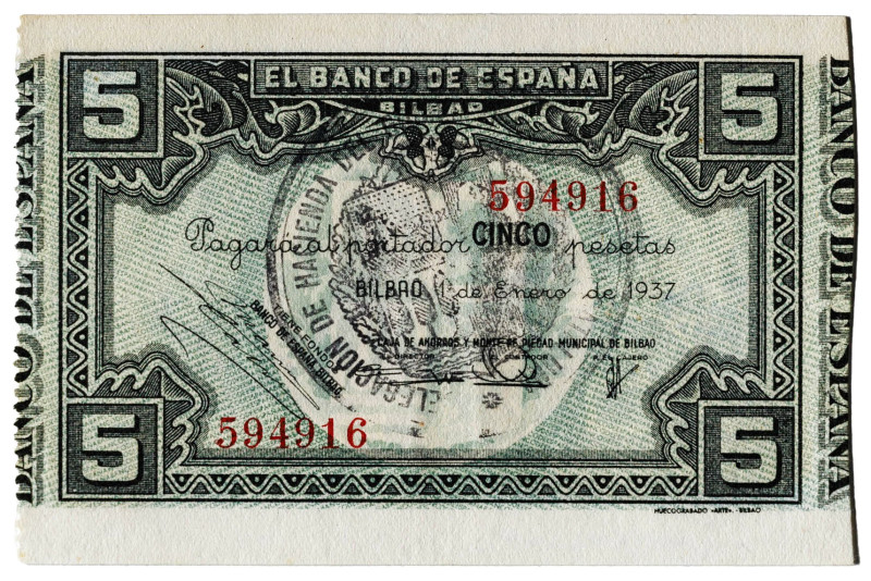 1937. Bilbao. 5 pesetas. (Ed. pág. 116). 1 de enero. Antefirma de la Caja de Aho...