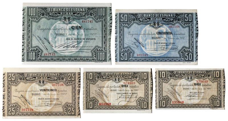 1937. Bilbao. 10 (dos), 25, 50 y 100 pesetas. (Ed. 387a, 387b, 388a, 389f y 390b...