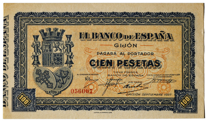 1937. Gijón. 100 pesetas. (Ed. 399) (Pick S580). Septiembre. Con numeración. Lev...