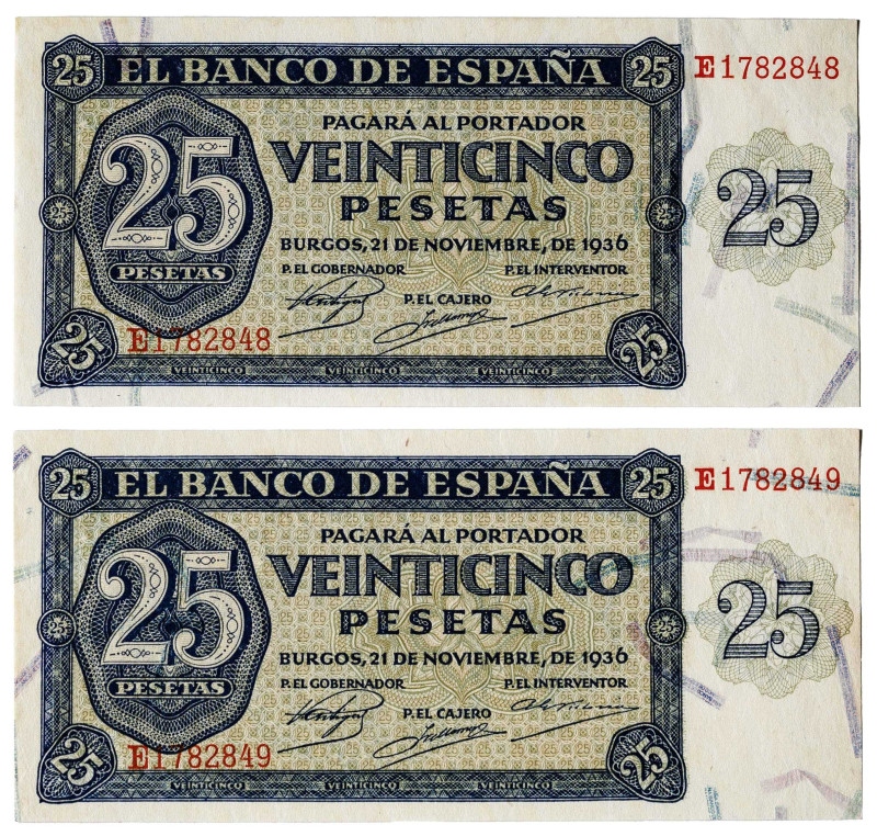 1936. Burgos. 25 pesetas. (Ed. 419a) (Pick 99a). 21 de noviembre. Pareja correla...