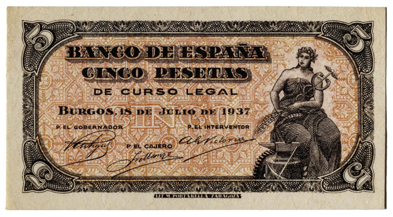 1937. Burgos. 5 pesetas. (Ed. 424) (Pick 106a). 18 de julio. Sin serie. Ínfimas ...