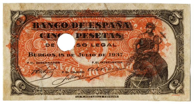 1937. Burgos. 5 pesetas. (Ed. 424T var). 18 de julio. Error de impresión cruzada...