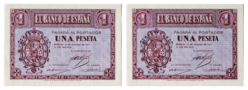 1937. Burgos. 1 peseta. (Ed. 425a) (Pick 104). 12 de octubre. Pareja correlativa...