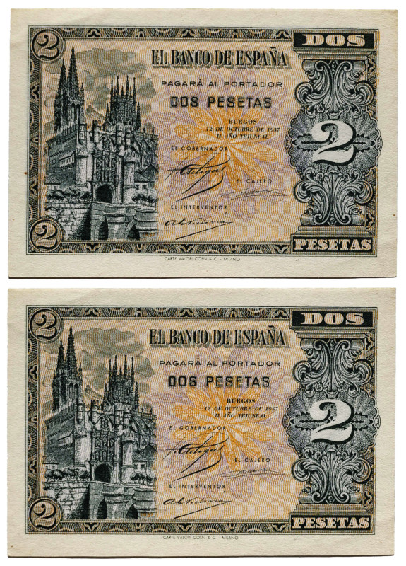 1937. Burgos. 2 pesetas. (Ed. 426) (Pick 105). 12 de octubre. Pareja correlativa...