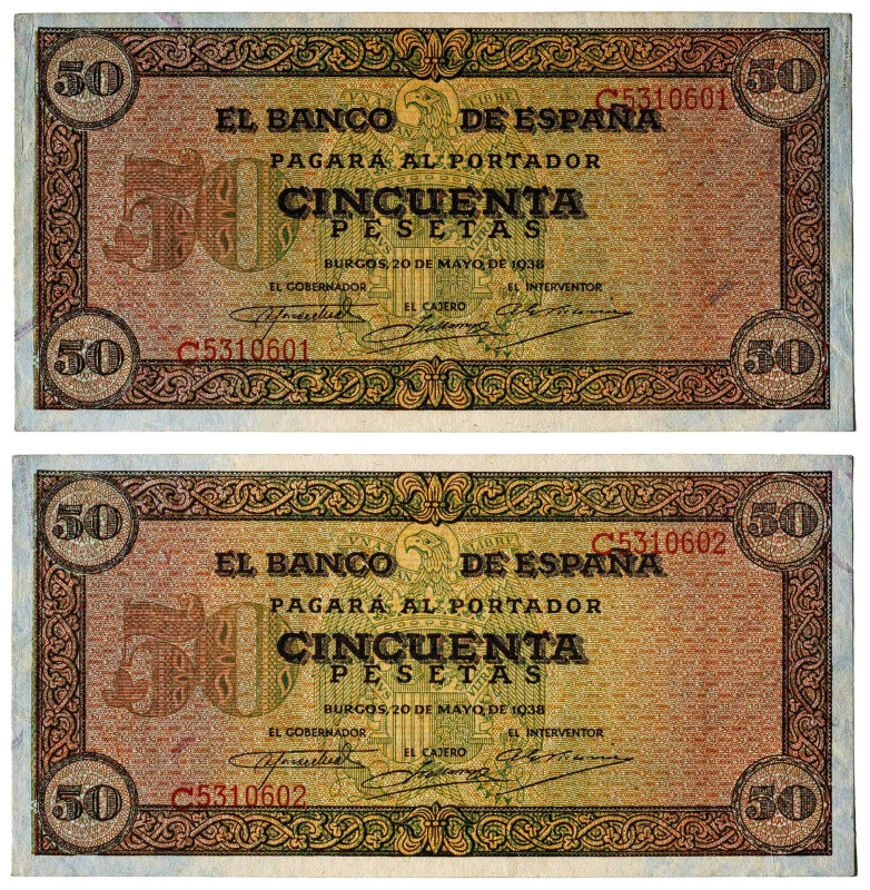 1938. Burgos. 50 pesetas. (Ed. 431a) (Pick 112a). 20 de mayo. Pareja correlativa...