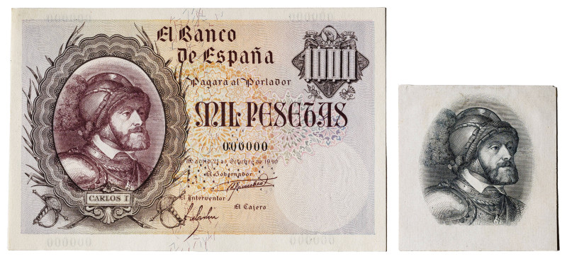 1940. 1000 pesetas. (Ed. 445M var). 21 de octubre, Carlos I. Bello conjunto inte...