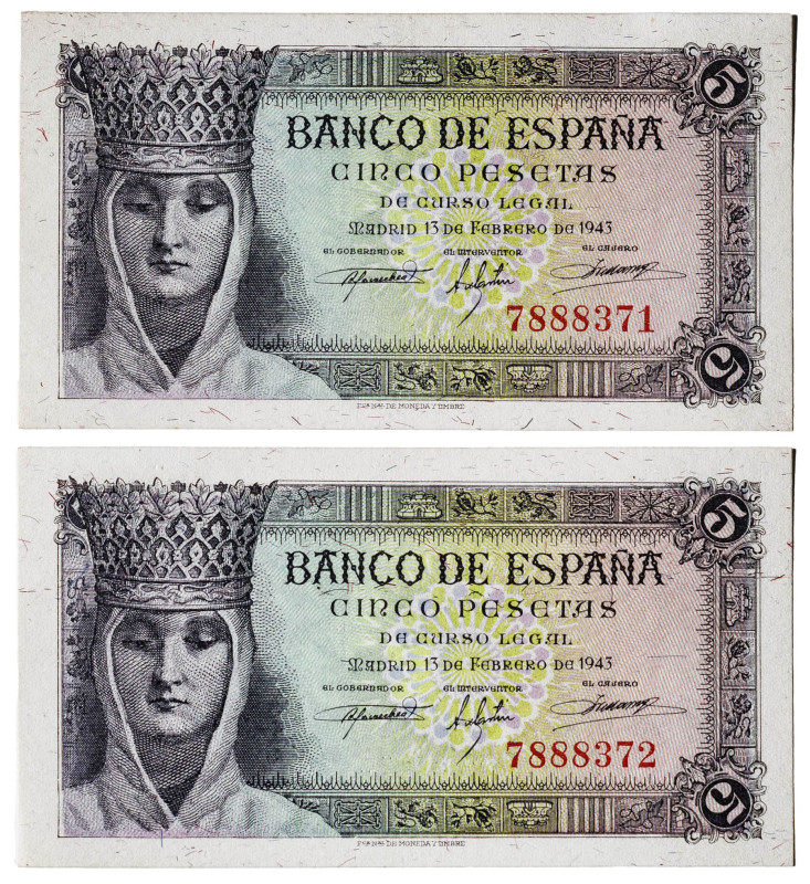 1943. 5 pesetas. (Ed. 446) (Pick 127a). 13 de febrero, Isabel la Católica. Parej...