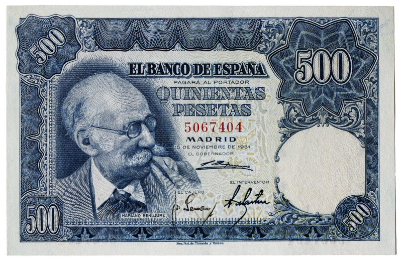 1951. 500 pesetas. (Ed. 460) (Pick 142a). 15 de noviembre, Benlliure. Sin serie....