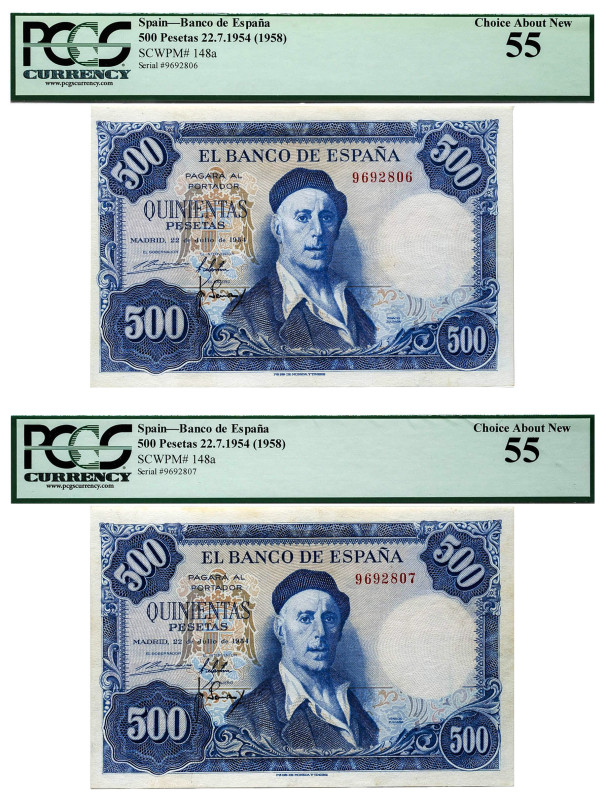 1954. 500 pesetas. (Ed. 468) (Pick 148a). 22 de julio, Zuloaga. Pareja correlati...