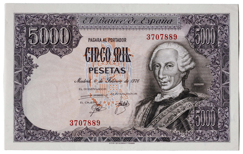 1976. 5000 pesetas. (Ed. 475) (Pick 155). 6 de febrero, Carlos III. Sin serie. Í...