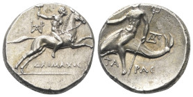 Kalabrien. Tarent.

 Didrachme oder Nomos (Silber). Ca. 240 - 228 v. Chr.
Vs: Nackter Jüngling zu Pferde mit erhobenem Arm und Fackel nach rechts g...