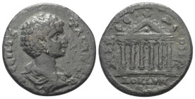 Phrygien. Dokimeion. Geta als Caesar (198 - 211 n. Chr.).

 Bronze.
Vs: Büste des Geta in Rückansicht mit Paludament und Panzer rechts.
Rs: Sechss...