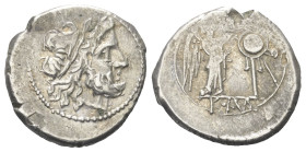 Anonyme Prägungen.

 Victoriat (Silber). Nach 211 v. Chr. Rom.
Vs: Kopf des Jupiter mit Lorbeerkranz rechts.
Rs: Victoria nach rechts stehend und ...