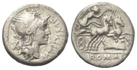 M. Cipius.

 Denar (Silber). 115 - 114 v. Chr. Rom.
Vs: M CIPI M F. Kopf der Roma mit geflügeltem Helm rechts, dahinter Wertzeichen.
Rs: ROMA. Vic...