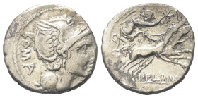 L. Flaminius Chilo.

 Denar (Silber). 109 oder 108 v. Chr. Rom.
Vs: ROMA. Kopf der Roma mit geflügeltem Helm rechts, davor Wertzeichen.
Rs: L FLAM...