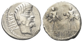 L. Titurius Sabinus.

 Denar (Silber). 89 v. Chr. Rom.
Vs: SABIN A PV. Kopf des Sabinerkönigs Titus Tatius rechts.
Rs: Der Raub der Sabinerinnen. ...