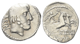 L. Titurius Sabinus.

 Denar (Silber). 89 v. Chr. Rom.
Vs: SABIN. Bärtiger Kopf des Königs Tatius rechts.
Rs: L TITVRI. Victoria mit Kranz in Biga...