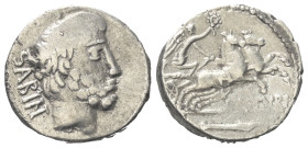 L. Titurius Sabinus.

 Denar (Silber). 89 v. Chr. Rom.
Vs: SABIN. Bärtiger Kopf des Königs Tatius rechts.
Rs: L TITVRI. Victoria mit Kranz in Biga...