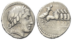 Anonym.

 Denar (Silber). 86 v. Chr. Rom.
Vs: Kopf des Apollo mit Eichenlaubkranz rechts, darunter Blitzbündel.
Rs: Jupiter mit Blitzbündel in Qua...