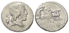 L. Iulius Bursio.

 Denar (Silber). 85 v. Chr. Rom.
Vs: Drapierte Büste des Apollo Veiovis mit Flügel, Lorbeerkranz und Dreizack rechts, dahinter B...