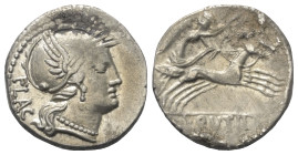 L. Rutilius Flaccus.

 Denar (Silber). 77 v. Chr. Rom.
Vs: FLAC. Kopf der Roma mit geflügeltem Greifenkopfhelm rechts.
Rs: L RVTILI. Victoria mit ...