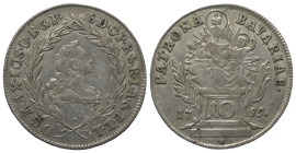 Bayern. Kurfürstentum (1623 - 1806). Maximilian III. Joseph (1745 - 1777).

 10 Kreuzer (Silber). 1755.
Vs: Büste rechts im Lorbeerkranz.
Rs: Patr...