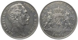 Bayern. Königreich (1806 - 1918). Maximilian II. (1848 - 1864).

 2 Gulden (Silber). 1856. München.
Vs: Kopf rechts.
Rs: Wappen gehalten von zwei ...