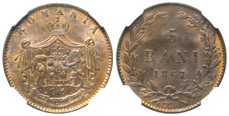 Rumänien. Karl I. als Fürst (1866 - 1881).

 5 Bani (Kupfer). 1867 Watt & co. ...