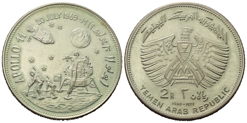 Jemen.

 2 Rial (Silber). 1969.
Auf die Mondlandung von Apollo 11 am 20.07.19...