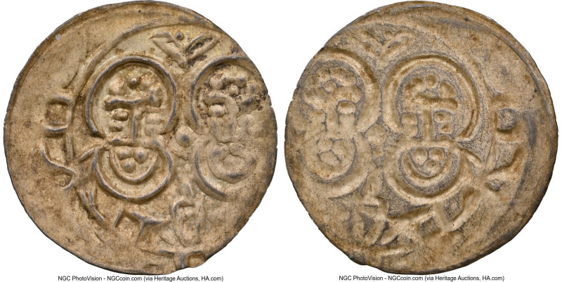 Ravensburg. Anonymous Bracteate ND (1100-1200) MS62 NGC, 0.29gm. Busts of Simon ...