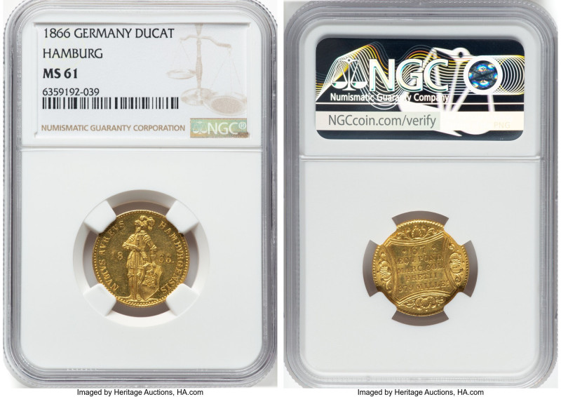 Hamburg. Free City gold Ducat 1866 MS61 NGC, KM579, Fr-1142. An elusive gold emi...