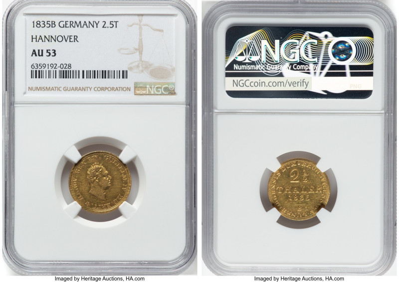 Hannover. William IV gold 2-1/2 Taler 1835-B AU53 NGC, Hannover mint, KM152, AKS...