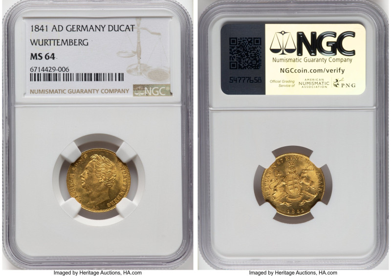 Württemberg. Wilhelm I gold Ducat 1841-AD MS64 NGC, Stuttgart mint, KM587, Fr-36...