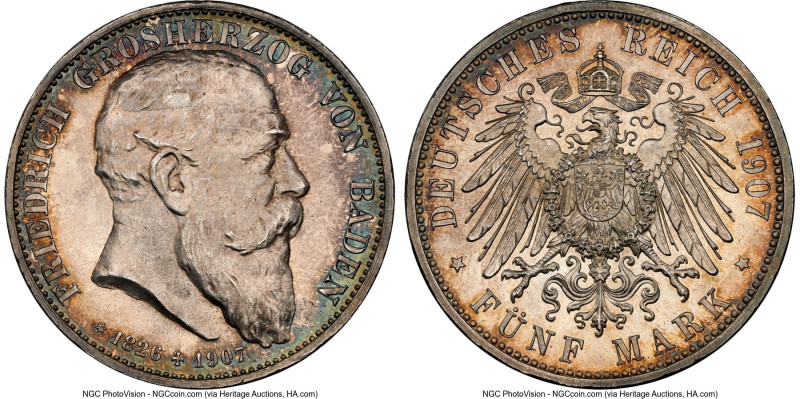 Baden. Friedrich I 5 Mark 1907 MS66 NGC, Karlsruhe mint, KM279, J-37. Friedrich'...