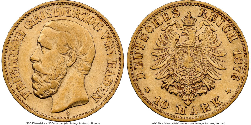 Baden. Friedrich I gold 10 Mark 1876-G AU50 NGC, Karlsruhe mint, KM264, J-186. H...