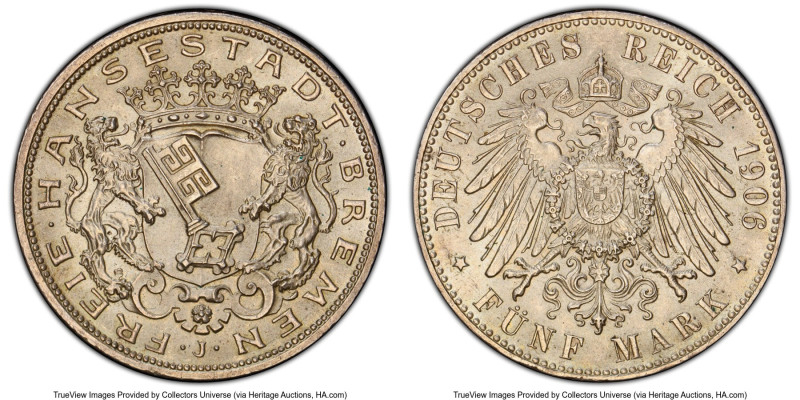 Bremen. Free City 5 Mark 1906-J MS66 PCGS, Hamburg mint, KM251, J-60. An ever-we...