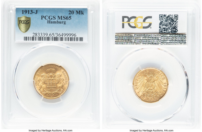 Hamburg. Free City gold 20 Mark 1913-J MS65 PCGS, Hamburg mint, KM618, J-212. HI...