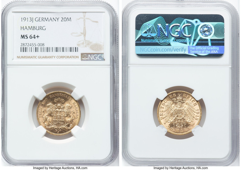 Hamburg. Free City gold 20 Mark 1913-J MS64+ NGC, Hamburg mint, KM618, J-212. La...