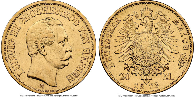 Hesse-Darmstadt. Ludwig III gold 20 Mark 1873-H AU53 NGC, Darmstadt mint, KM351,...