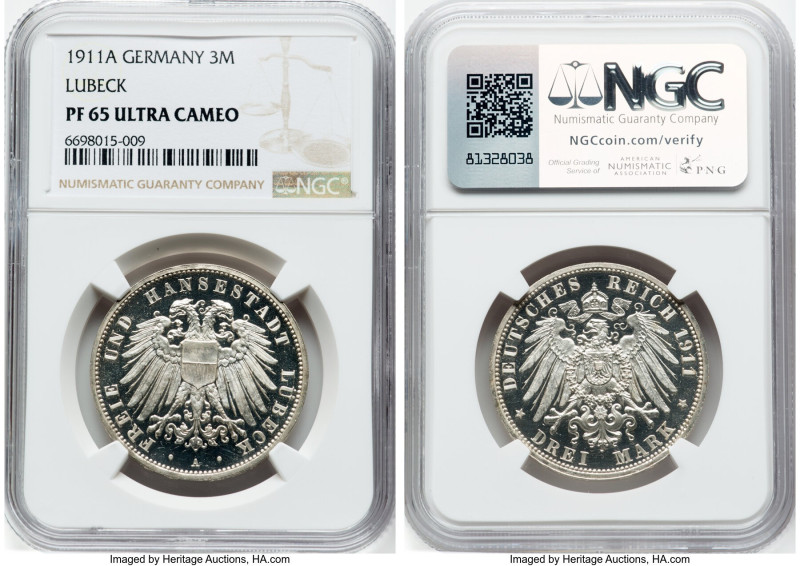 Lubeck. Free City Proof 3 Mark 1911-A PR65 Ultra Cameo NGC, Berlin mint, KM215, ...